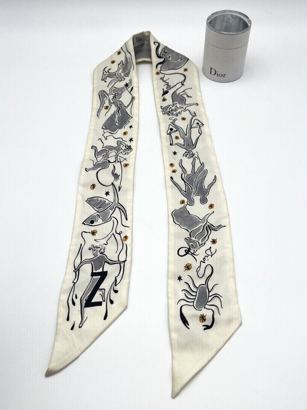 Authentic Christian Dior ABCDior Zodiac Mitzah Z Scarf Twilly White Grey Silk